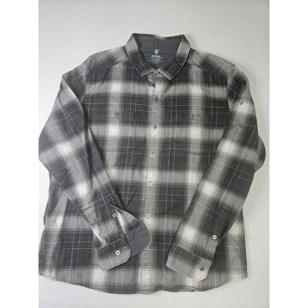 Kuhl Joyrydr Flannel Shirt Mens XL Grey White Plaid Cotton Tencel Button Up 7373